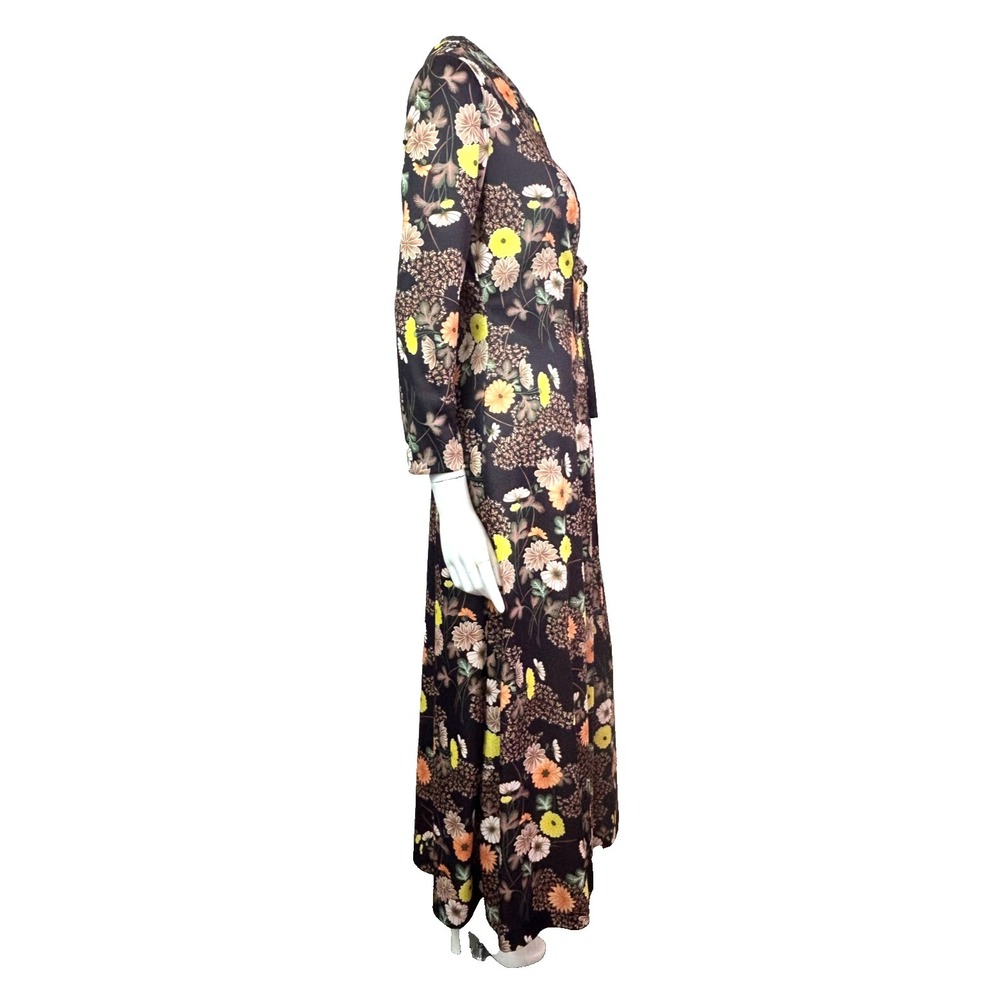 70s Floral Maxi Dress Size 8-10 M-L Brown V-Neck Twist Front Long Sleeve EUC - Picture 6 of 12